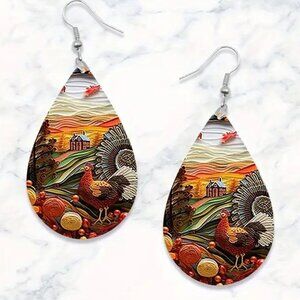 NEW Autumn Farm Scene Turkey Rolling Hills Wood Wooden Teardrop Earrings